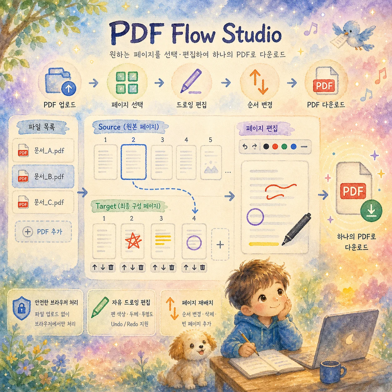 PDF Flow Studio workflow: upload PDFs, pick pages, draw on them, reorder, and download one PDF, all inside the browser